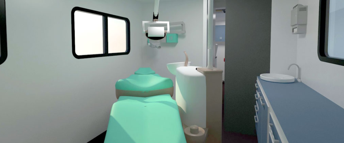 Render 3D de interior de clínica dental